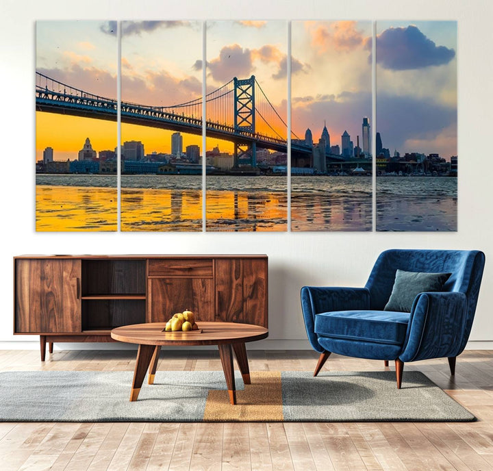 Ben Franklin Bridge Wall Art Print – Philadelphia Skyline Sunset Canvas Print.