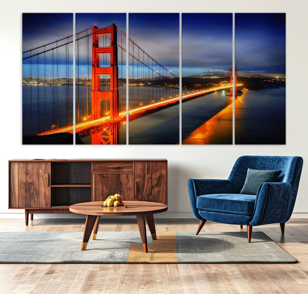 The living room features a large San Francisco canvas art piece—a stunning triptych of the Golden Gate Bridge at twilight, known as the "Large Wall Art San Francisco Canvas Print - Wonderful Golden Gate Bridge at Twilight.