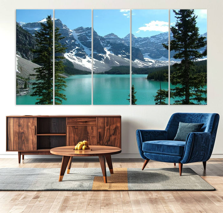 Canadian Rockies Moraine Lake Landscape Canvas Print showcasing a turquoise lake and mountain view.