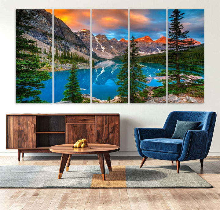 A kitchen featuring a Canadian Rockies Moraine Lake Wall Art Canvas Print displayed on the wall.