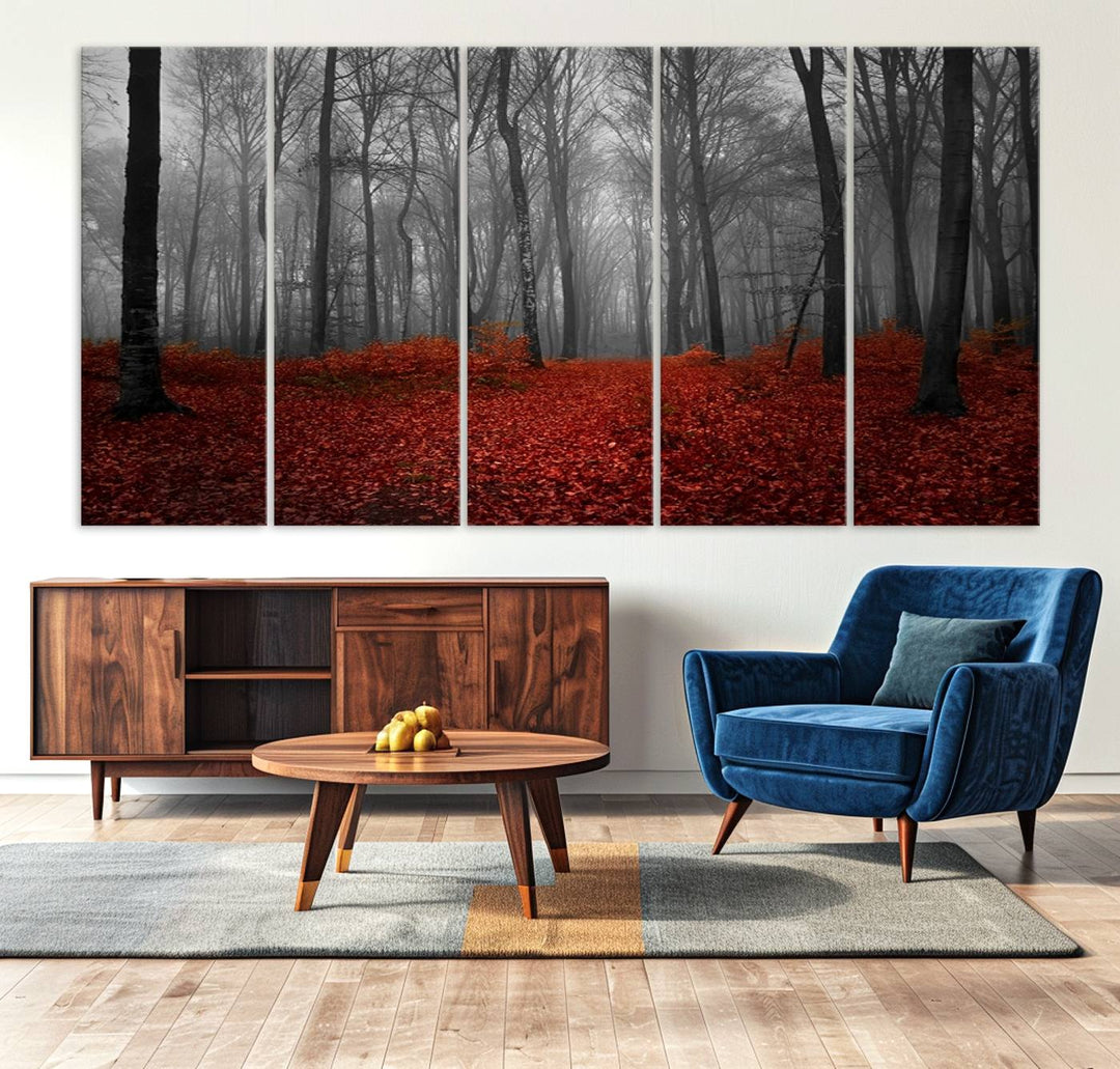 A large, museum-quality canvas print titled Wonderful Forest with Red Leaves.