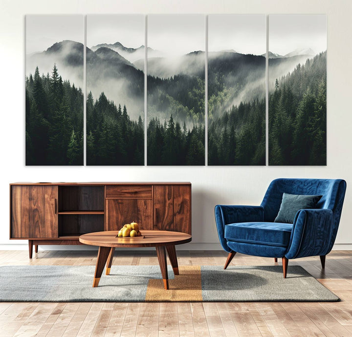 Serene and mystical landscape of misty mountains and dense evergreens, ideal for a Misty Mountain Forest Canvas Wall Art Print.