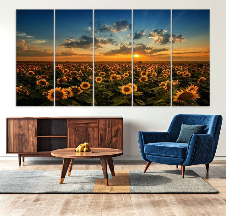 The dining area features the Sunflower Field Sunset Wall Art Canvas Print.