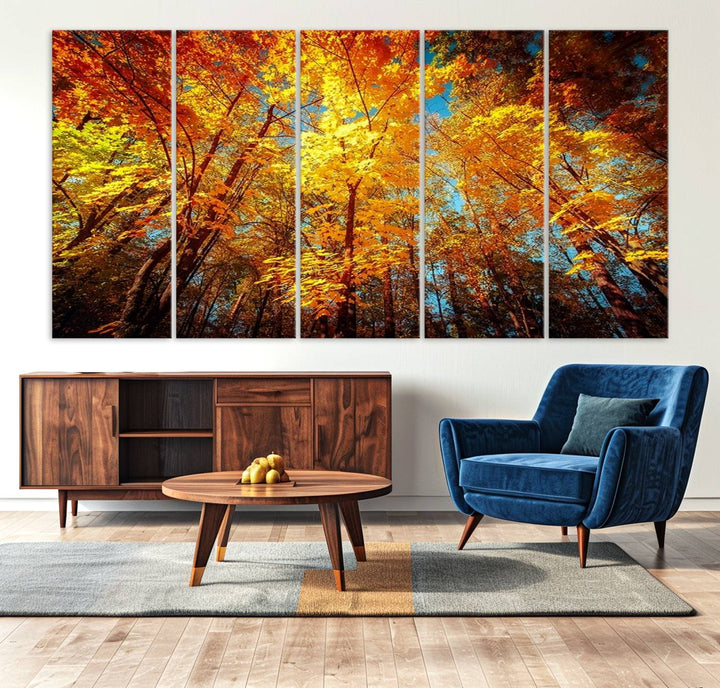 Forest View at Fall Wall Art hangs prominently, showcasing its beauty.