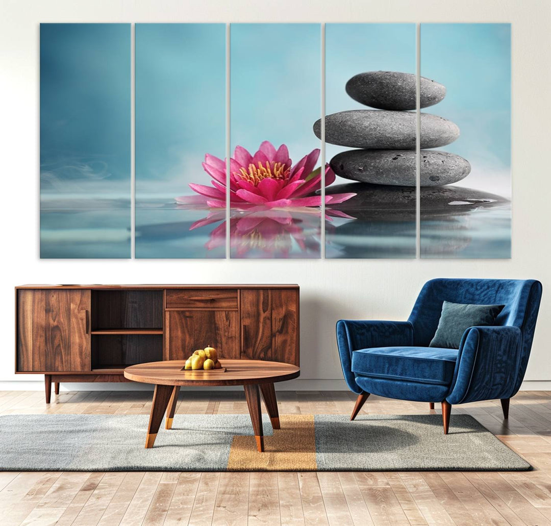 The dining room features a Zen Serenity Triptych wall art, showcasing a calming depiction of lotus flowers and balancing stones.