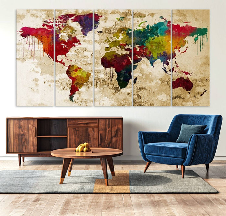 Wall Art World Map Canvas Print Rainbow Colored Vintage Style World Map