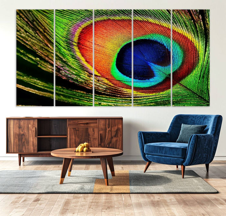 The Colorful Peacock Feather Wall Art Print graces the wall.