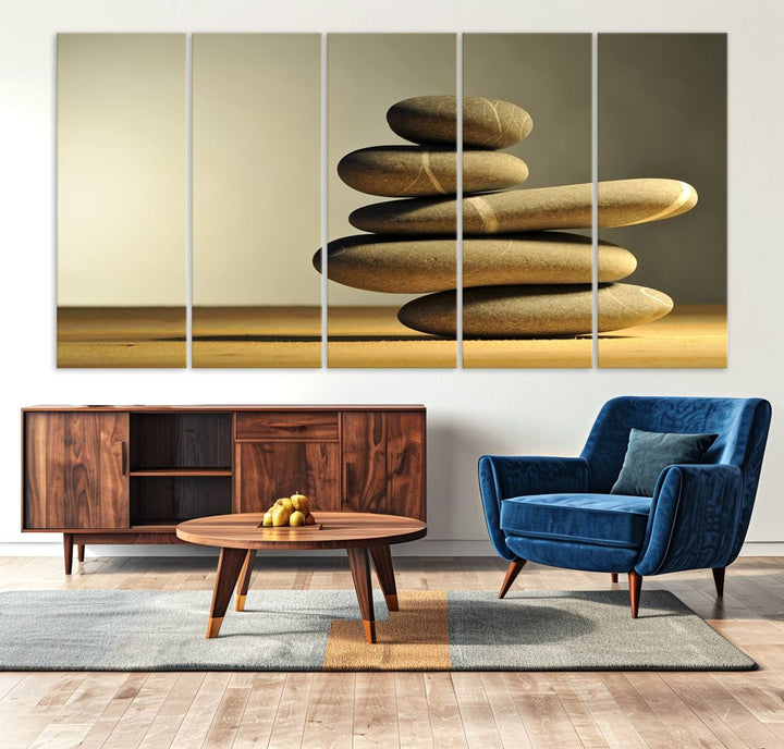 The Yellow Zen Stones on Yellow Background Wall Art is a striking feature in this minimalist kitchen.