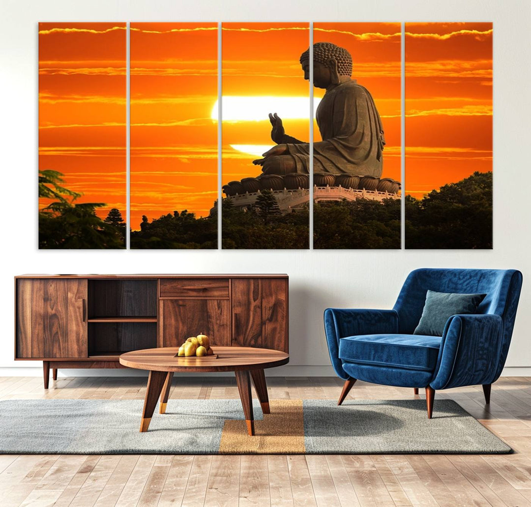 The Buddha Statue at Sunset canvas print adds serenity to the space.