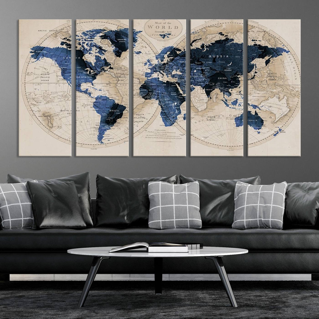 The Vintage Triptych Map Print is a grunge-stained blue and beige world map, perfect for enhancing wall decor.