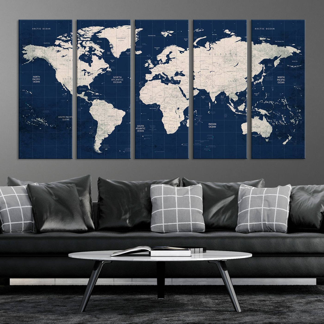 Large modern world map wall art canvas print in beige and navy; showcases a 3-panel vintage map design and is ready to hang.