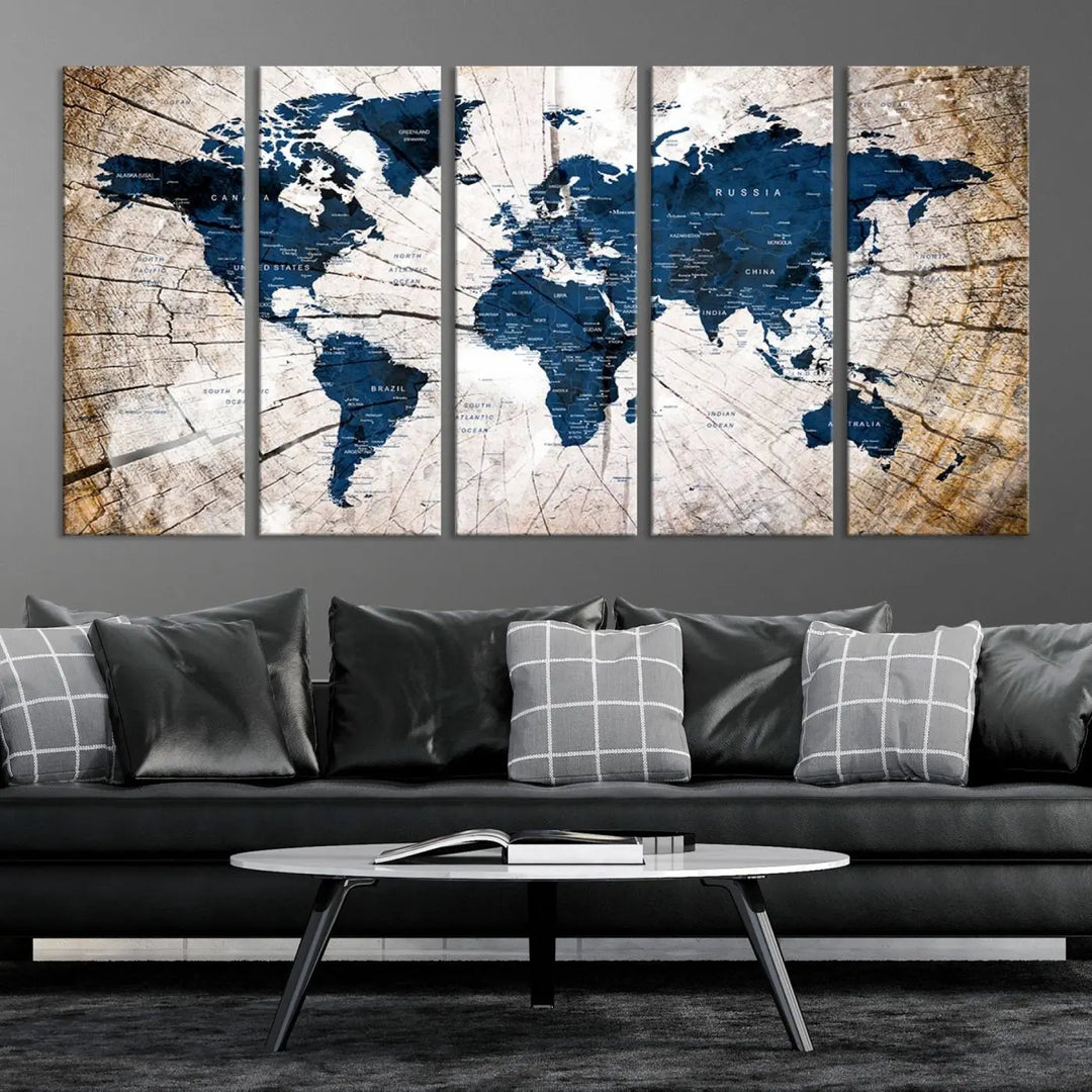 The living room exudes style with the Blue World Map Canvas Wall Art, a rustic-style triptych that's prominently displayed on the wall. This global decor piece adds an elegant touch to the space.