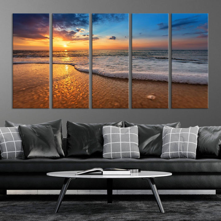 The Golden Sunset Beach Waves Triptych adds a modern coastal touch with its stunning seascape.