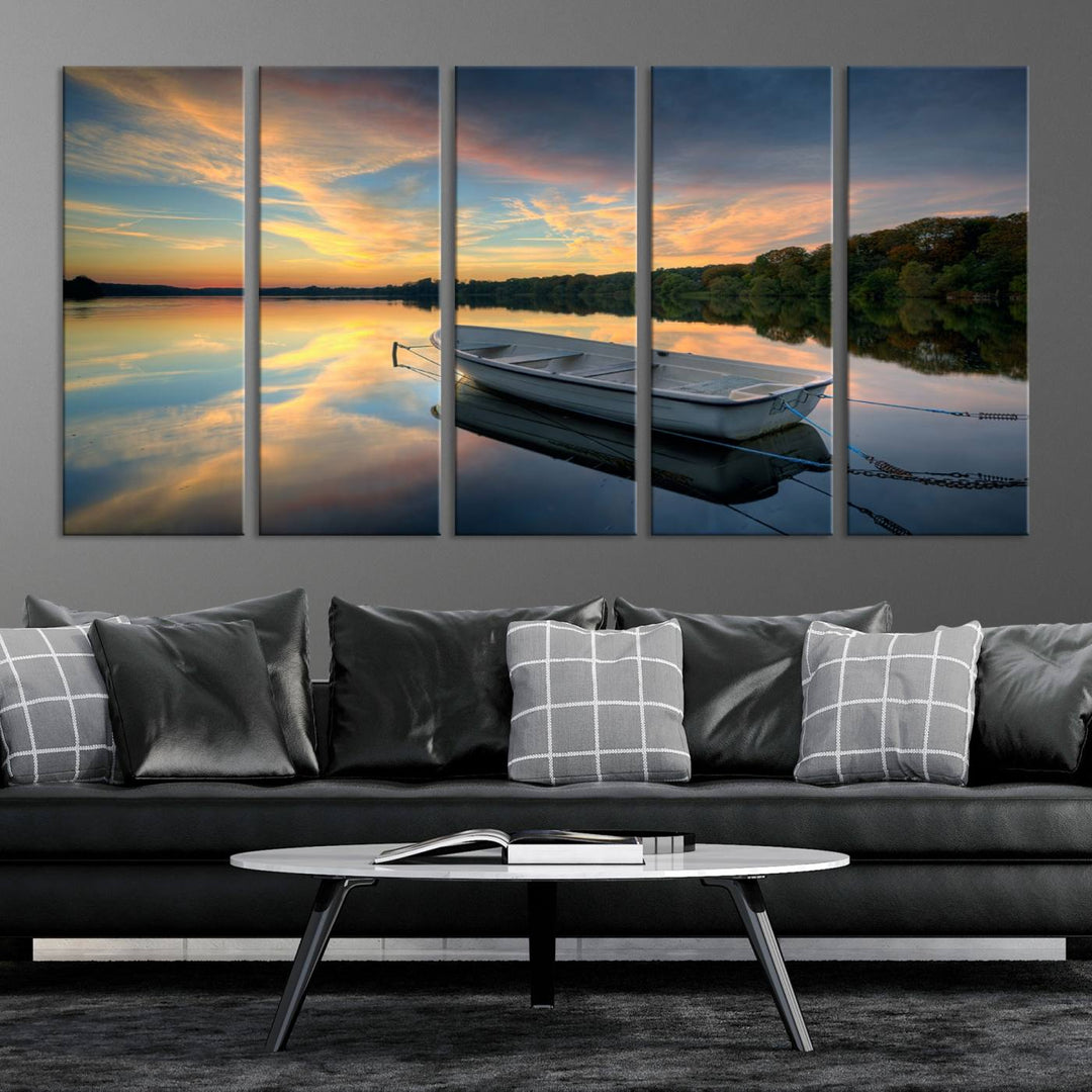 Serene Rowboat on Calm Lake Triptych Canvas Art, Giclee Wall Art of Peaceful Sunset Reflections, Tranquil Landscape Wall Art for Home or Office