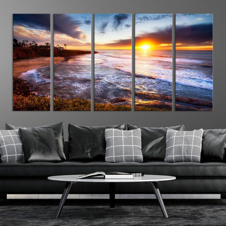 California Coastline Sunset Canvas Art, Ocean Waves Crashing on Cliffs, Giclee Canvas Print for Beach House Decor