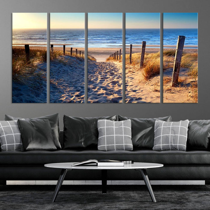 Tropical Beach Sunset Canvas Art, Ocean Waves and Sandy Shoreline Wall Art, Large Beach Decor for Coastal Homes