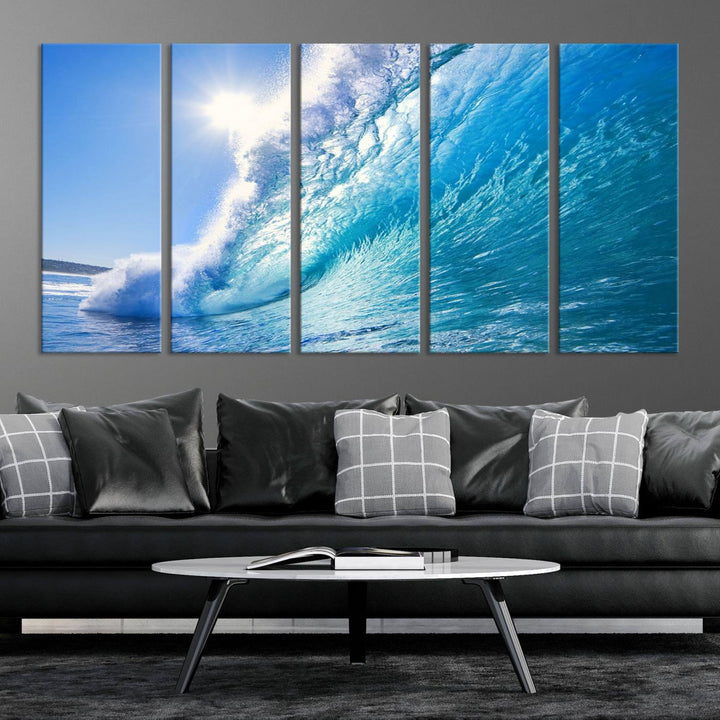 Blue Big Wave Surf Ocean Canvas Wall Art Artwork Print, Art mural de plage, Art de mur de mer