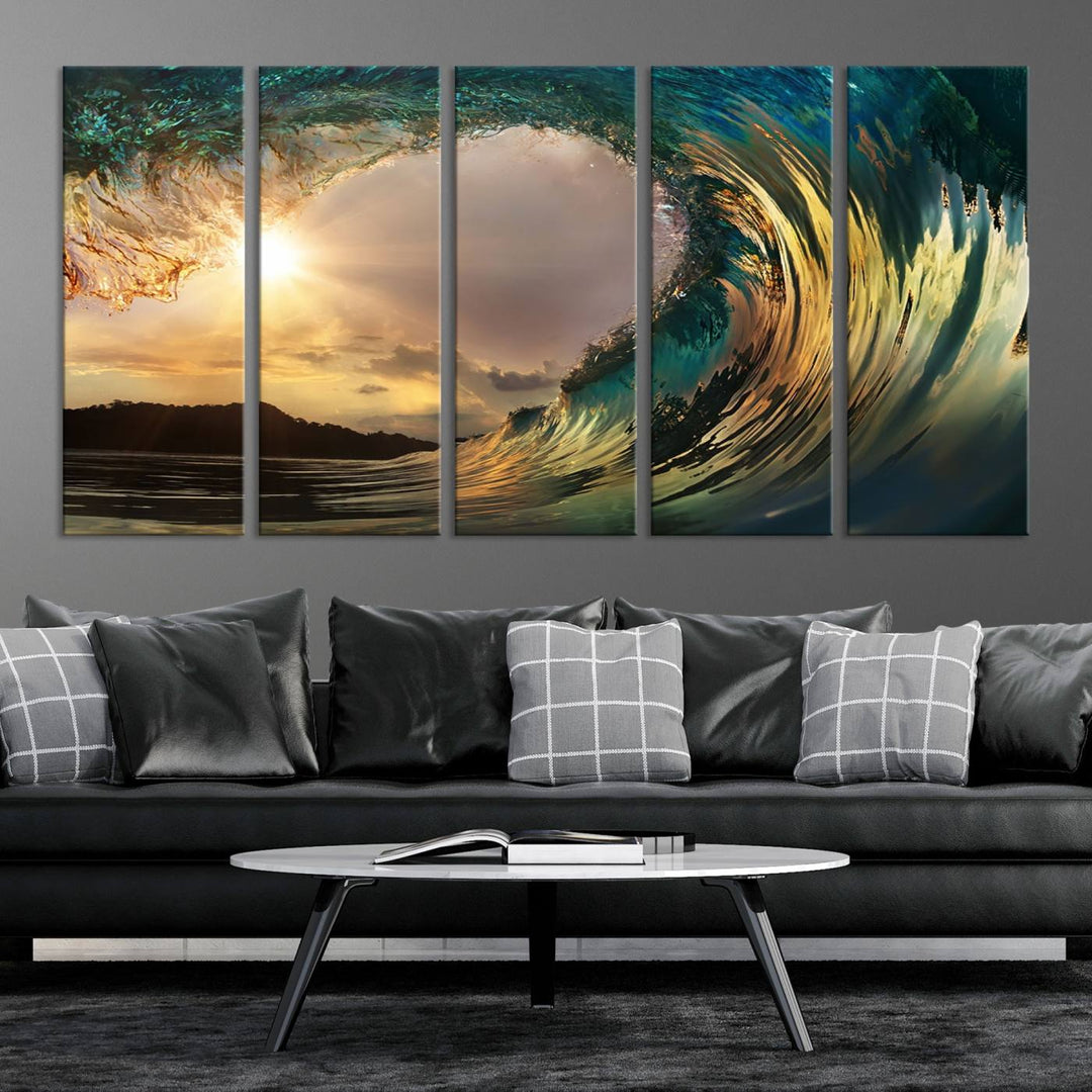 Surfing Big Wave on Ocean Canvas Wall Art Beach Canvas Sunset Artwork Print para sala de estar, decoración de la oficina en el hogar, arte de la pared de la playa, arte de la pared del mar