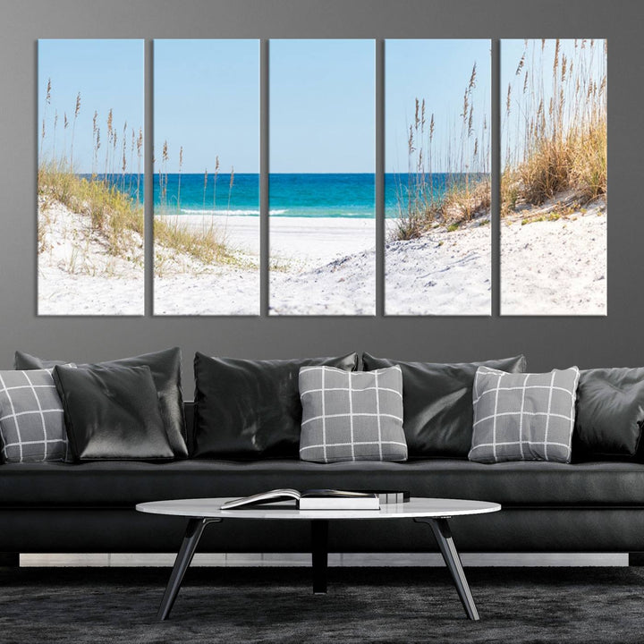 Serene Coastal Dune Path with Ocean View, 3-Panel Beach Canvas Art; tranquil seascape for coastal decor.