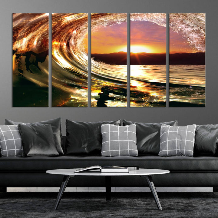 The Golden Wave Sunset Triptych Canvas Art showcases an ocean wave at sunset, casting warm light.