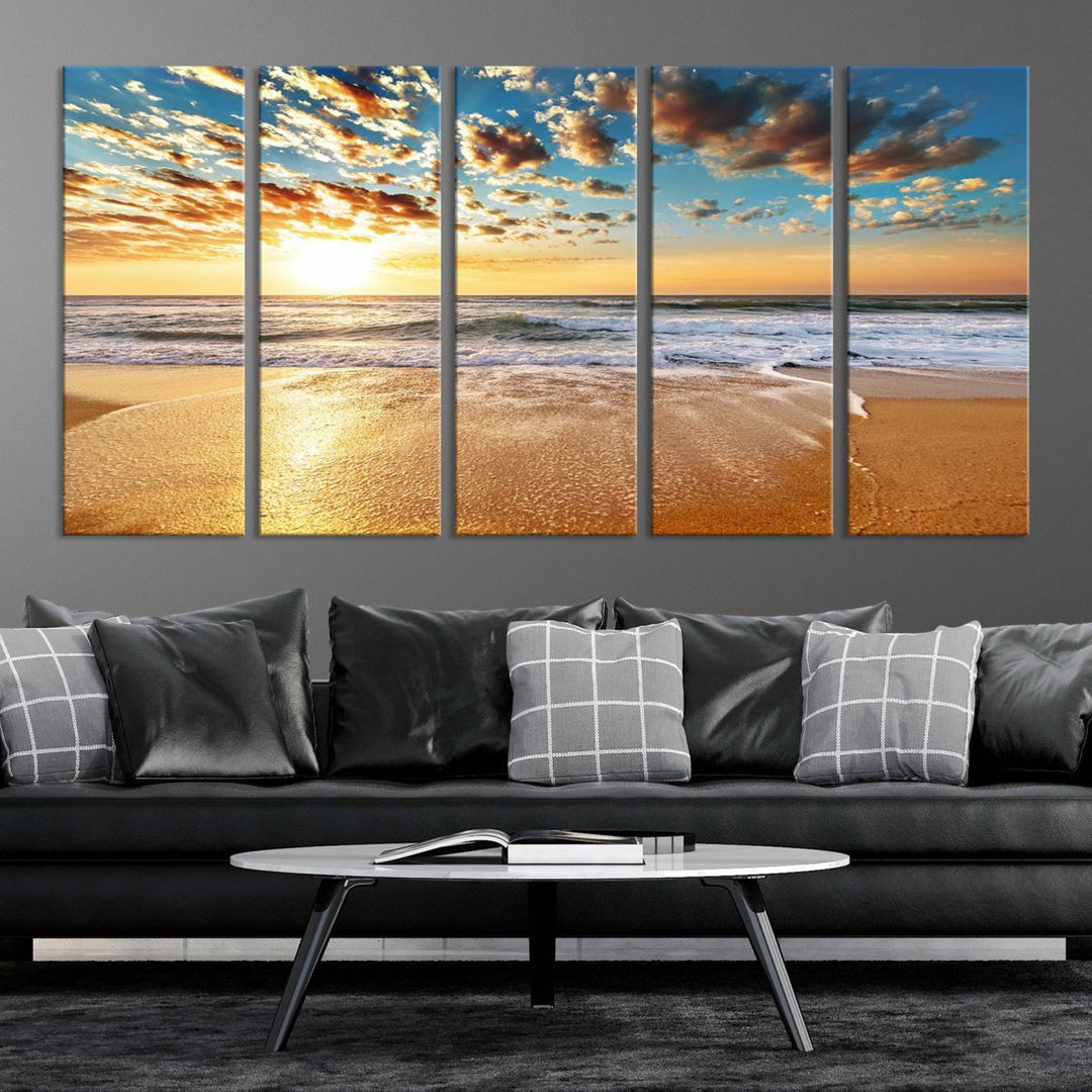 A Golden Sunset Beach giclee triptych canvas hangs prominently.