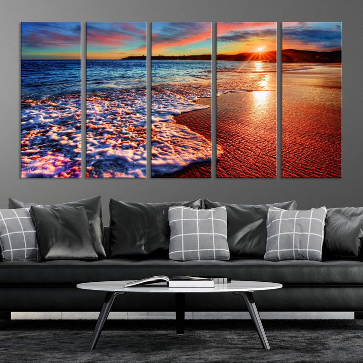 The Colorful Coastal Sunset on the Beach canvas print portrays ocean waves at dusk.