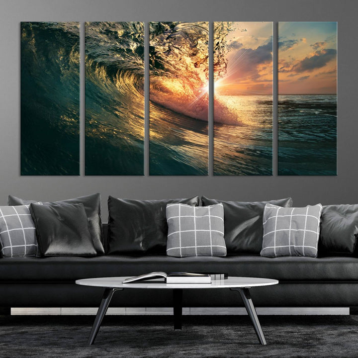 A triptych seascape titled Ocean Wave Sunset Canvas, featuring a stunning ocean view at sunset, is beautifully framed and ready to hang.