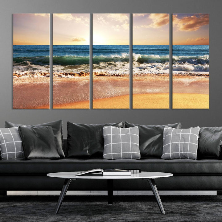 The wall features a Canon-quality Serene Beach Path canvas giclee print, depicting coastal dunes.