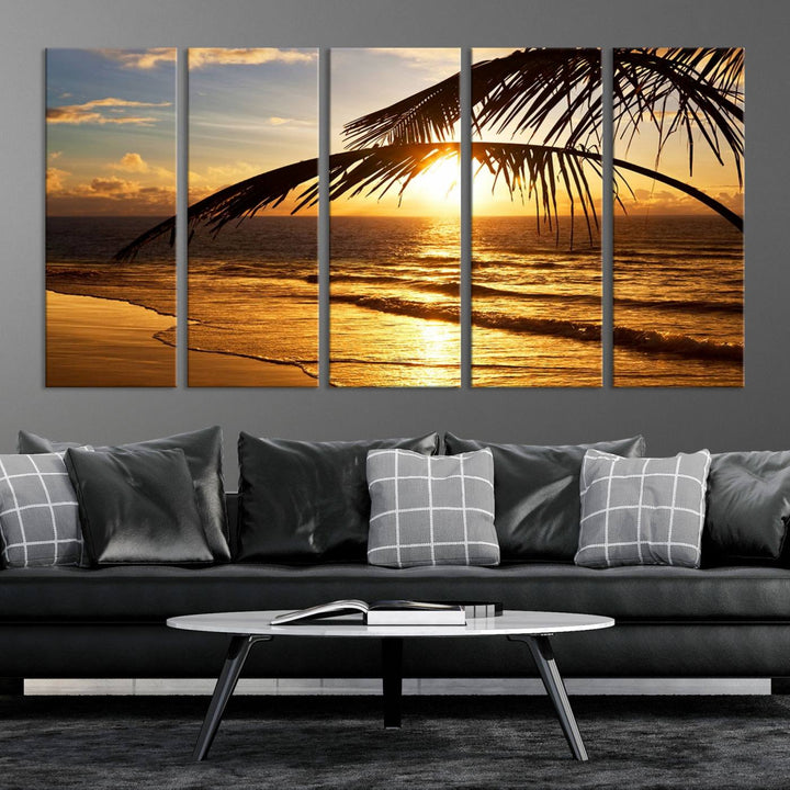 Golden Tropical Beach Sunset Canvas Triptych: Coastal Palm Art & Giclee Print with Gallery Wrap, capturing golden waves.