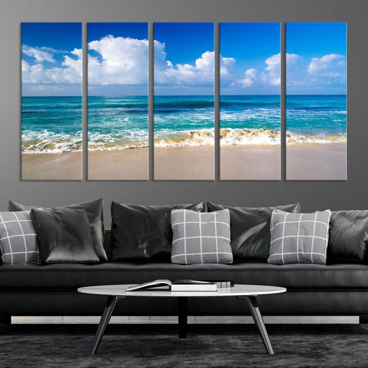 Tropical Beach 3-Panel Canvas Wall Art – Serene Ocean Waves and Blue Sky – Giclée Print for Living Room, Office, or Bedroom Coastal Decor