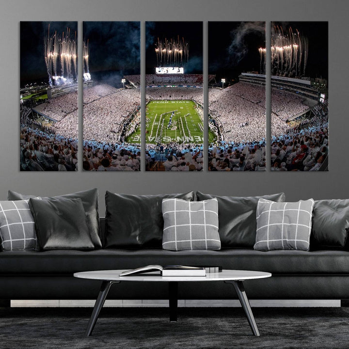 The perfect Penn State Football canvas wall art features a depiction of Beaver Stadium filled with fans in white, with fireworks exploding above.