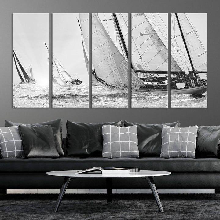 Yacht Sailboat Regatta canvas print on a textured wooden wall.