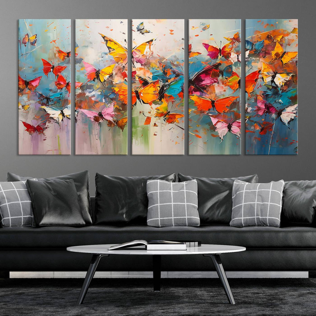 The Abstract Butterfly Wall Art Canvas Print hangs prominently, adding a touch of elegance and creativity to the room.