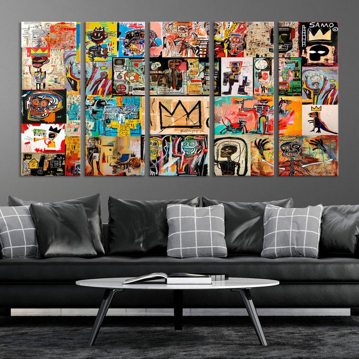 A Basquiat graffiti-style collage adorns the wall.