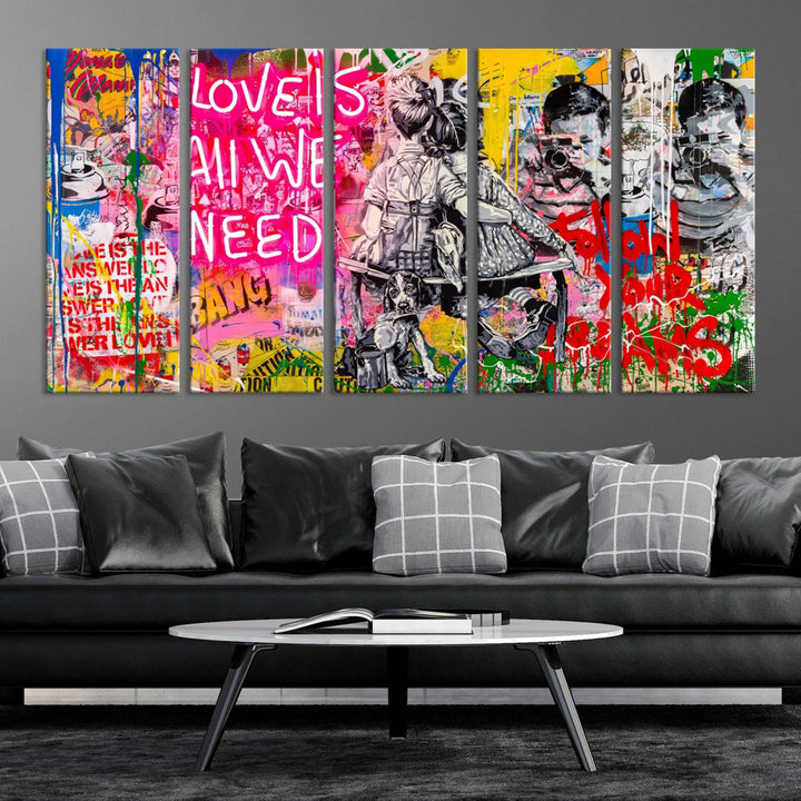 A vibrant and dynamic triptych features distorted horizontal lines, resembling graffiti street art. This artwork conveys the themes of "Follow Your Dreams" and "Love is All We Need" across three colorful panels.