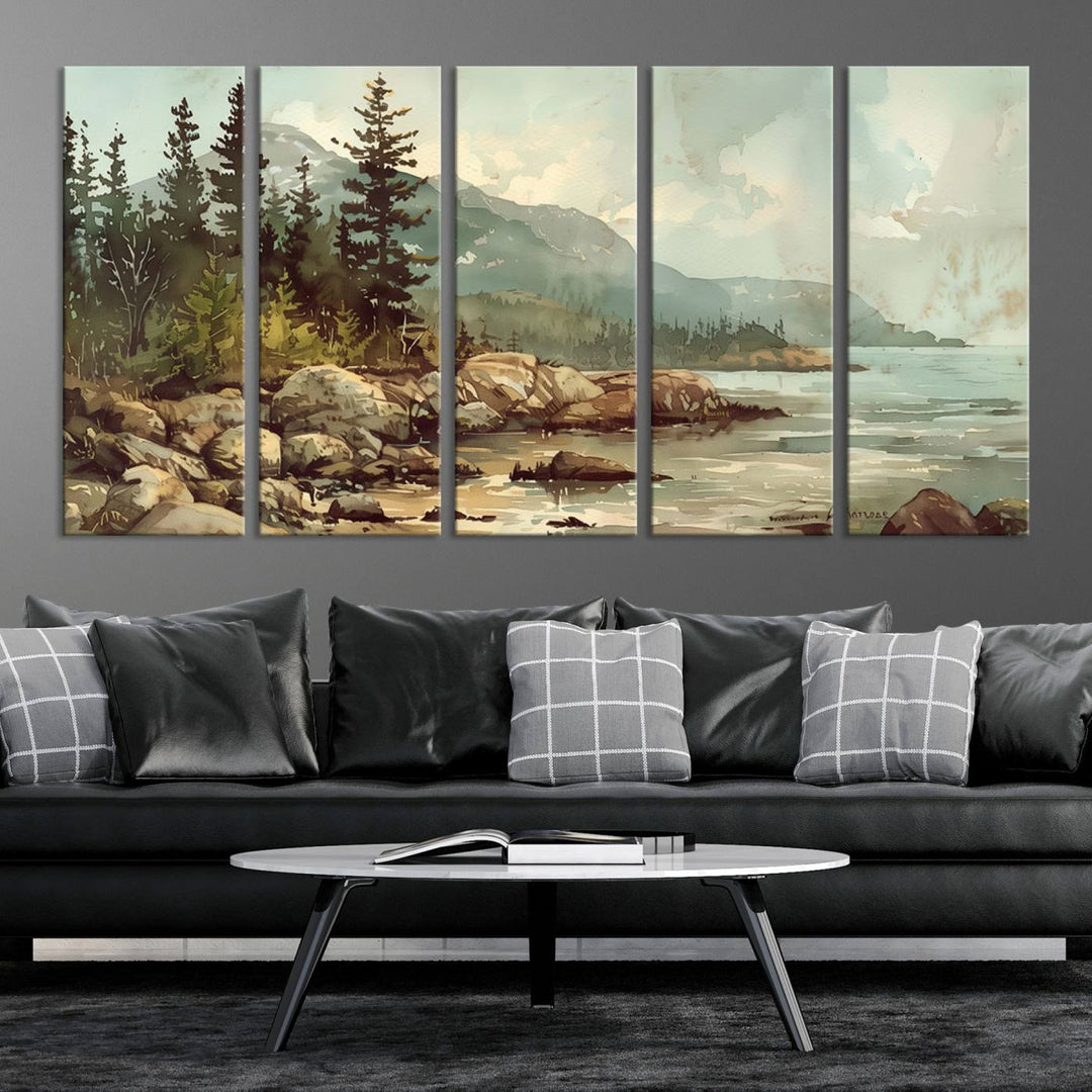 Framed Abstract Acadia National Park wall art, depicting a rocky coastline with trees and mountains, ready to hang.