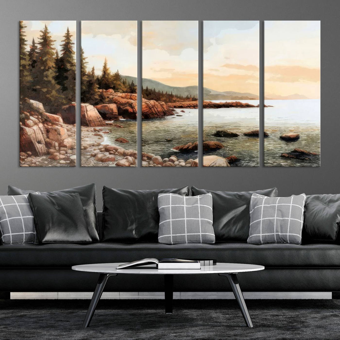 The Serene Coastal View of Acadia National Park 3-panel canvas, framed and ready to hang, adorns the wall.