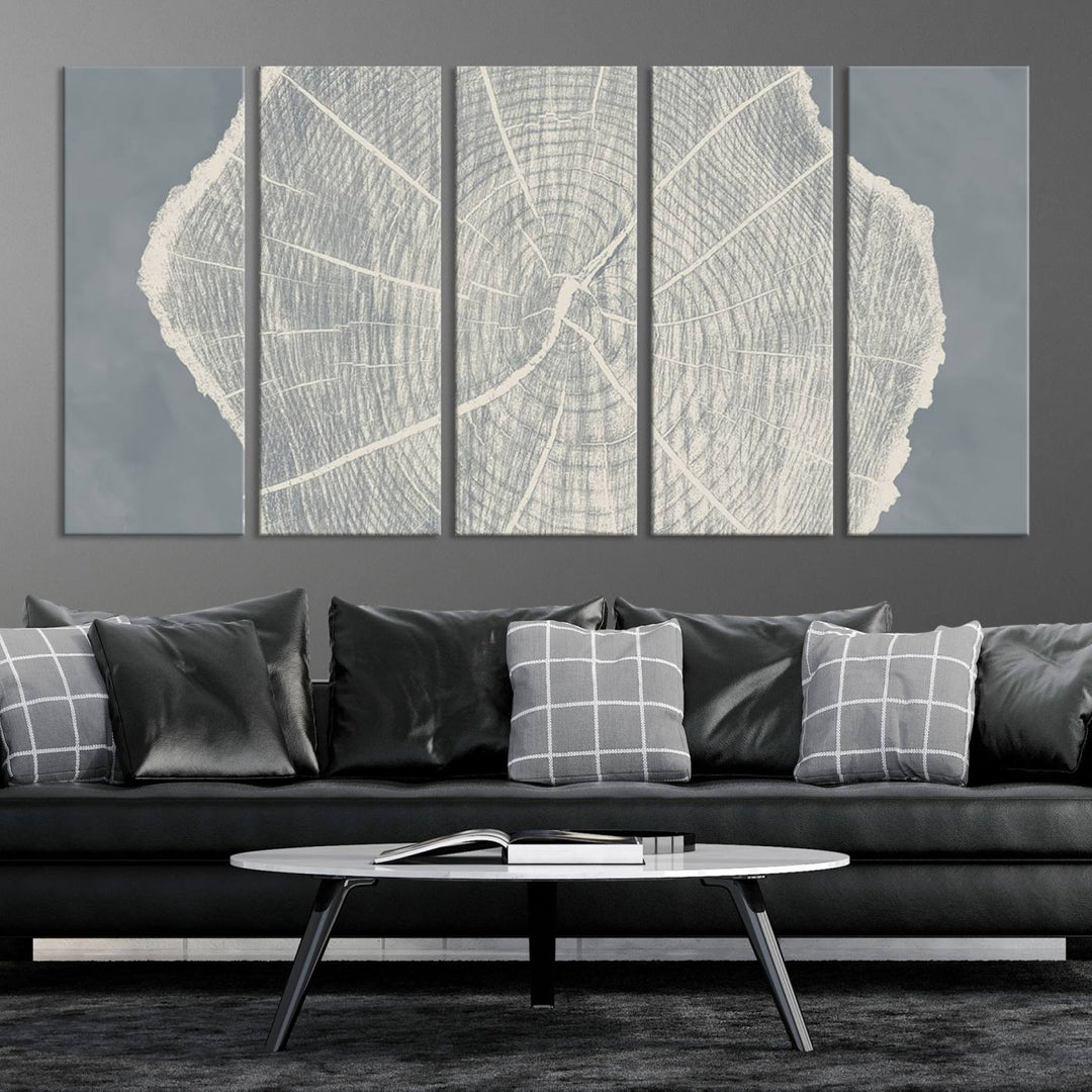 A gray wall displays the Abstract Tree Ring Wall Art print.