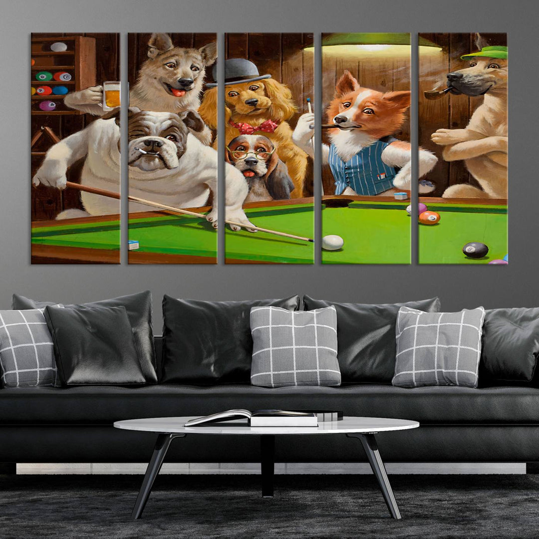 Dogs Playing Pool Canvas Wall Art: This artwork depicts a room where dogs are engaged in a game of pool. One dog is poised to cue while others observe the scene.