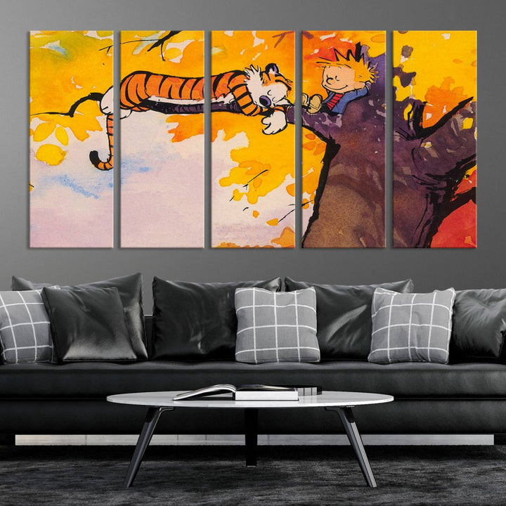 Premium canvas Calvin Wall Arts featuring a boy and tiger relaxing on a branch.