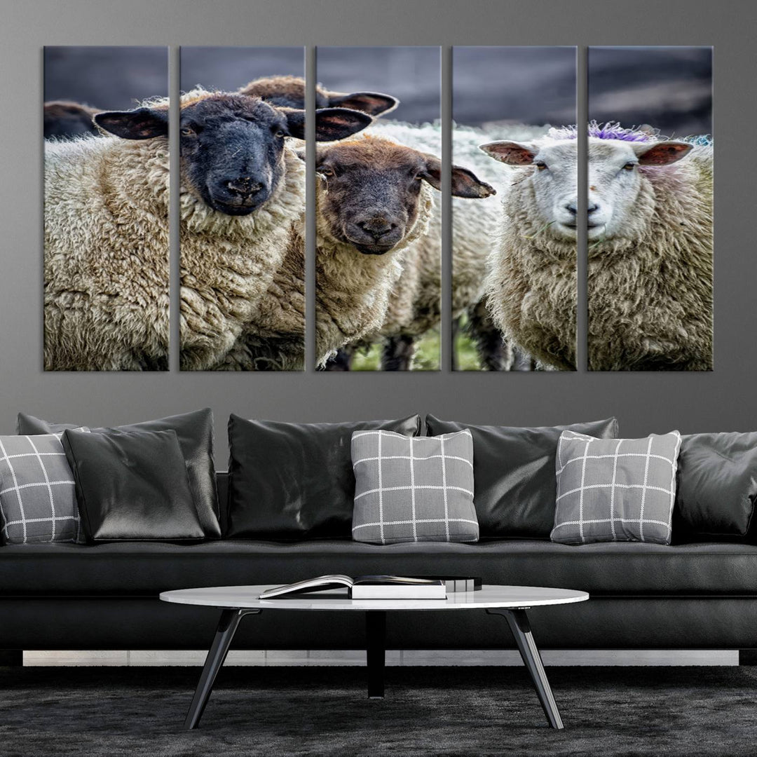 The Charming Sheep Portrait Wall Art hangs on a wooden wall.