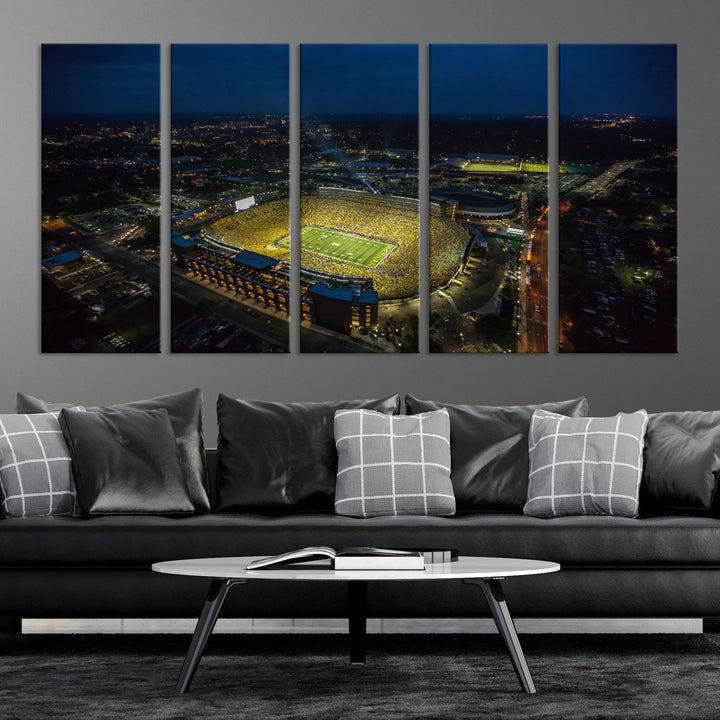 Aerial view of Michigan Stadium nightlife on canvas – Framed, ready-to-hang sports arena wall art.