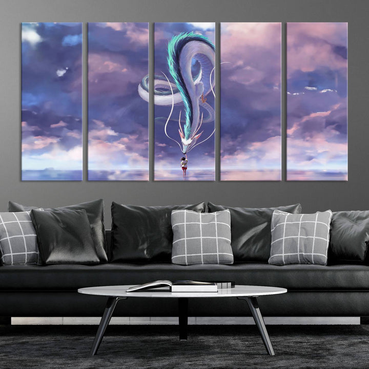 The Spirited Away Haku and Chihiro poster captures a cherished scene for anime lovers under a colorful, cloudy sky.