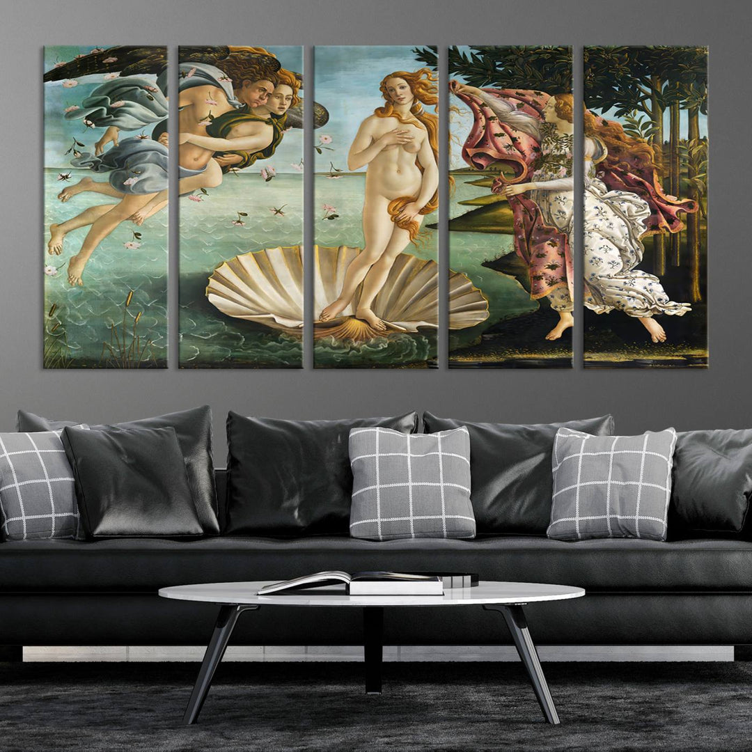 A canvas print of Botticellis The Birth of Venus is displayed on the wall.