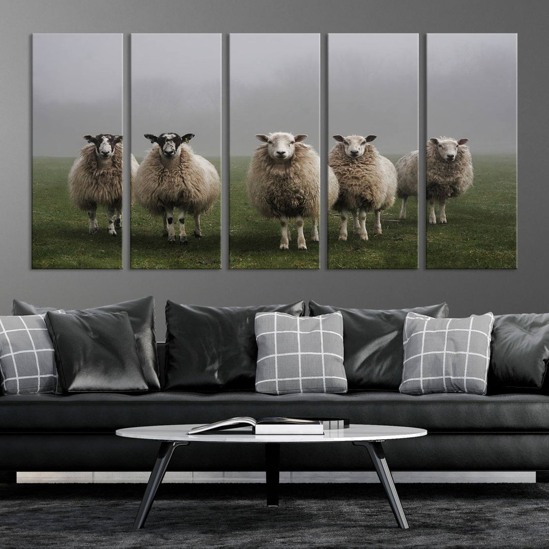 The Flock of Sheep in a Mystical Fog canvas print is framed and ready to hang.