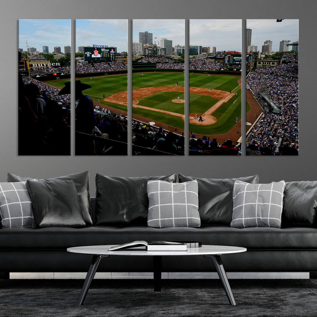 Admire this museum-quality canvas print of a Chicago Cubs game with a cityscape view from the stands at Wrigley Field.