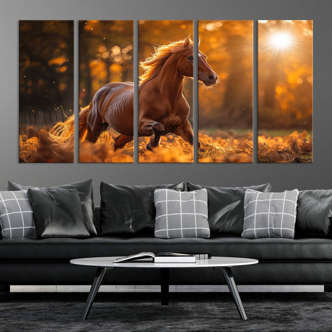 The Running Horse Sunset Forest Wall Art Canvas Print showcases a gallop in an autumn forest with sunlight streaming through the trees.