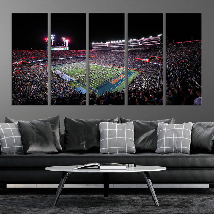 The Gators Night Game Canvas Art captures a lively night at Ben Hill Griffin Stadium with vibrant fireworks and the energy of a live band.