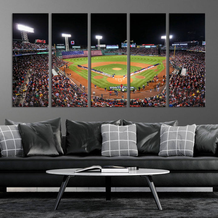 The Fenway Park Wall Art Canvas Print showcases a stunning aerial view of Bostons iconic ballpark at night, making it an ideal piece for any Red Sox enthusiast.