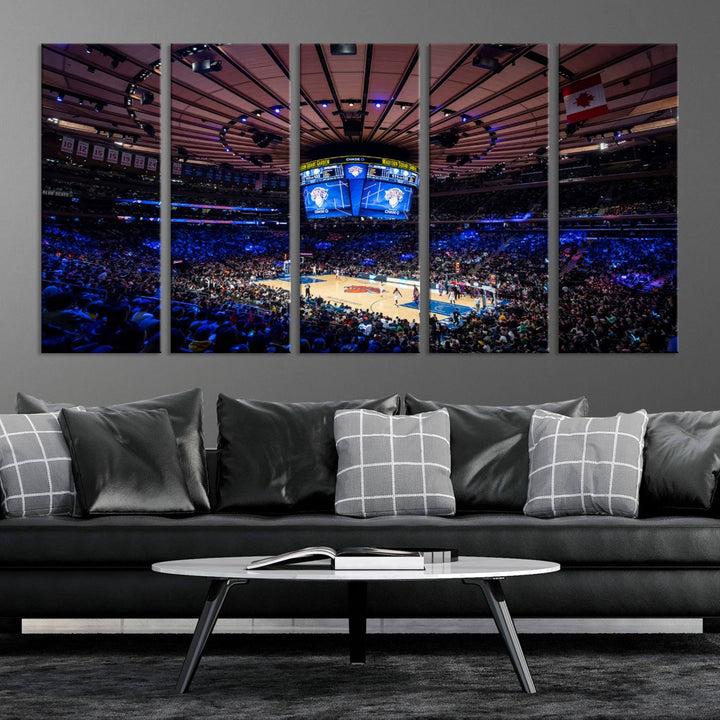 A print depicting an NBA game at Madison Square Garden, highlighting the scoreboard.